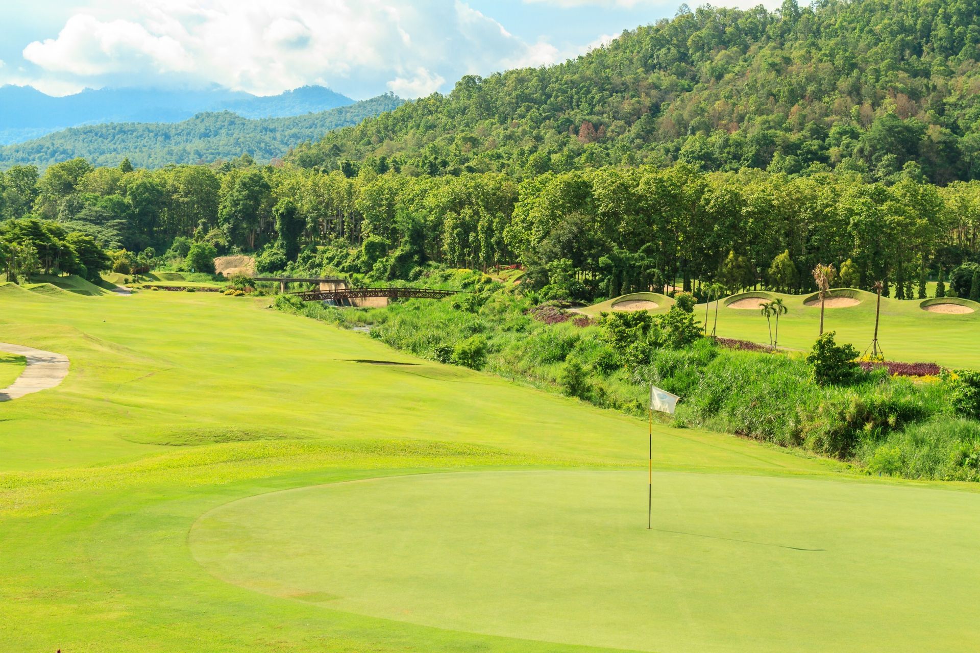 A golf course with a green and trees in the background.